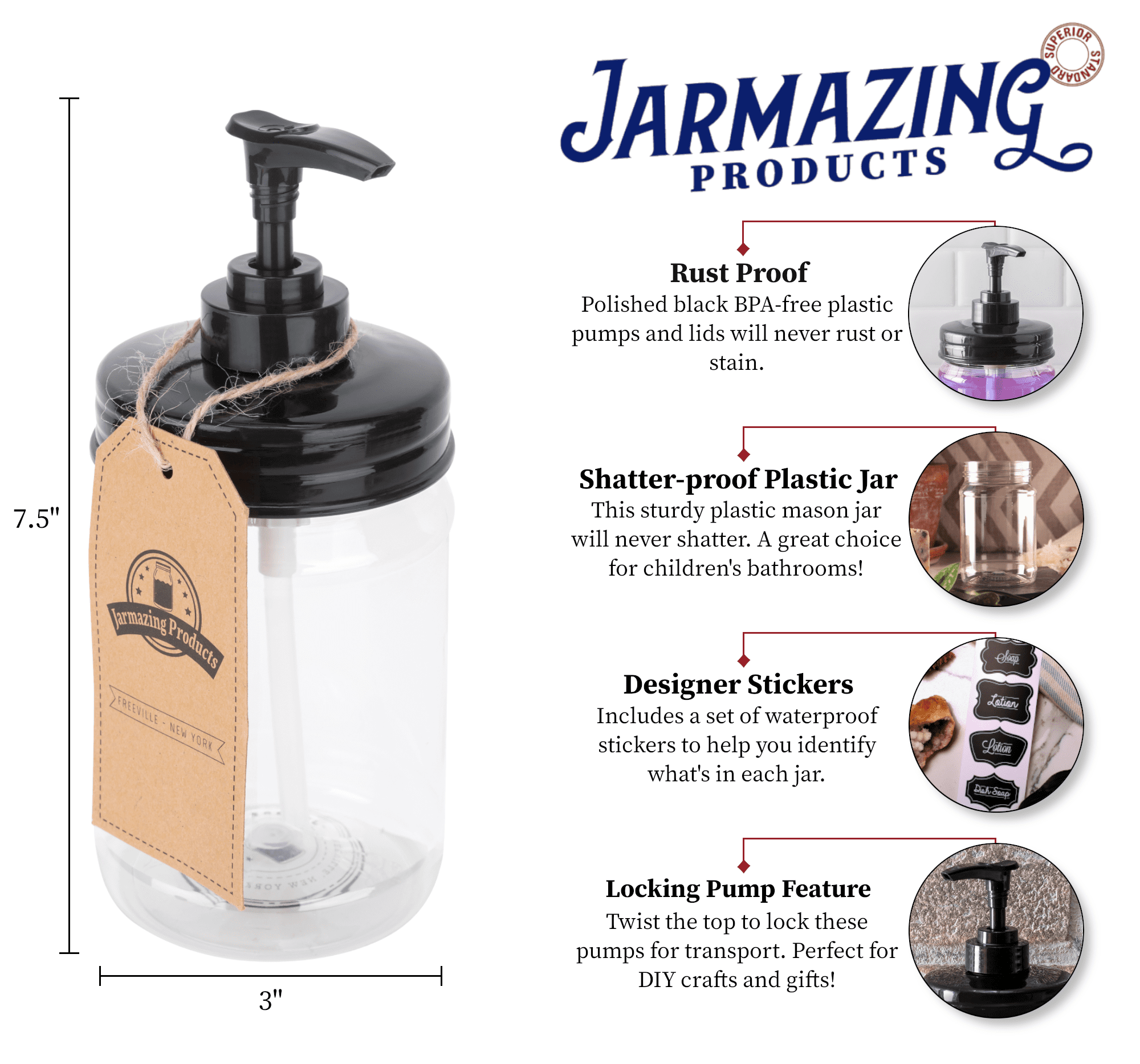 Jarmazing Products Black Mason Jar Soap Dispenser - Rust proof plastic with Plastic Pint Jar - Two Pack!