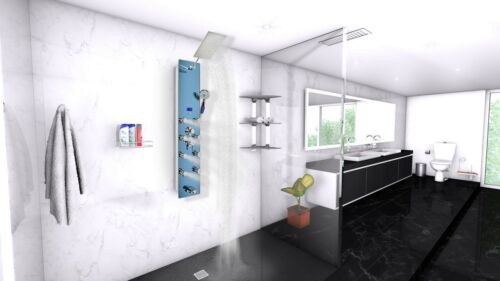 New Blue Tempered Glass Stainless Steel Shower Overhead LCD Panel 8 Massage Jets