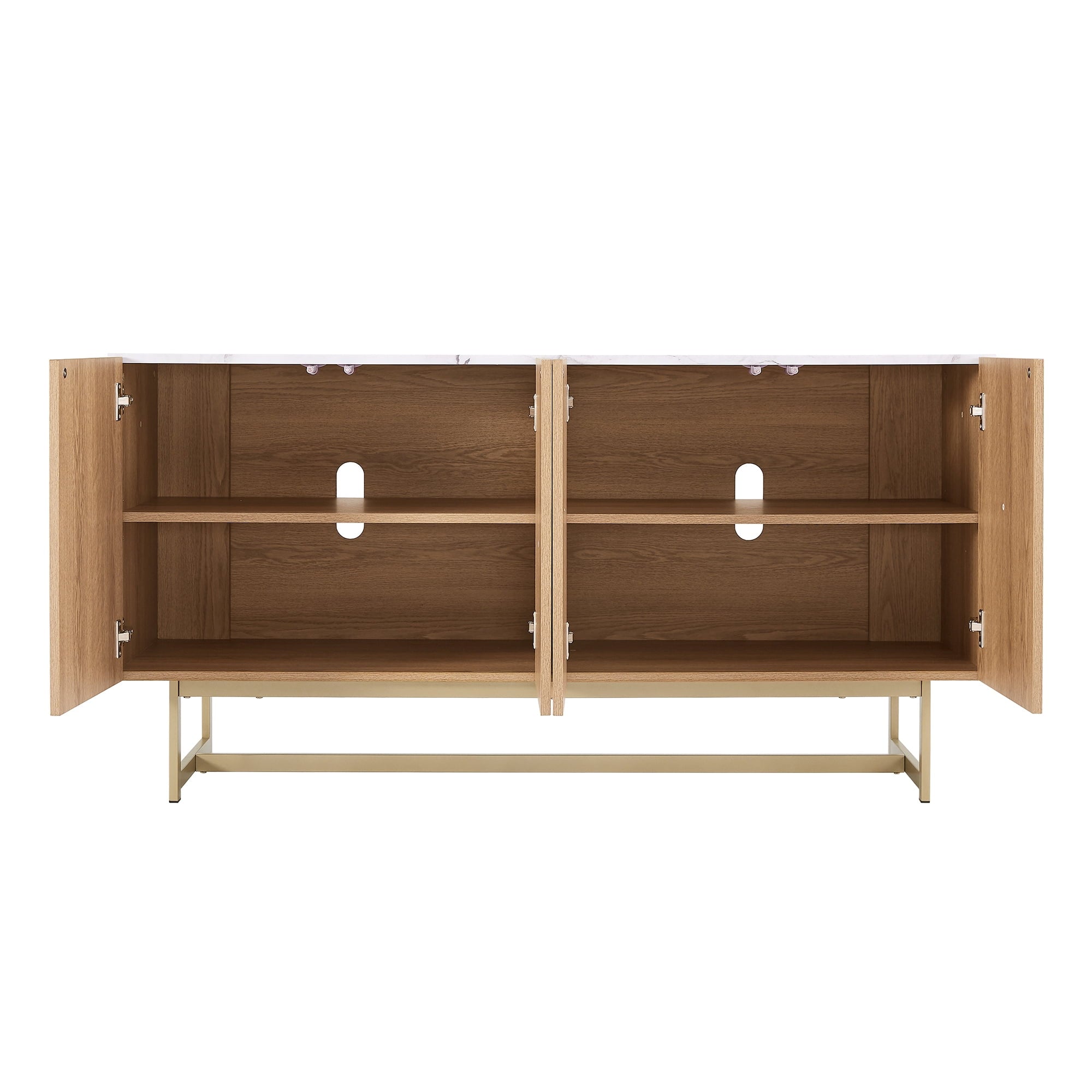 Roomfitters 57” Mid Century Modern TV Stand, Herringbone Pattern Buffet Cabinet Sideboard Credenza, Marble Top Media Console Entertainment Center for Living Room, Entryway (Oak Wood, Gold Metal Legs)