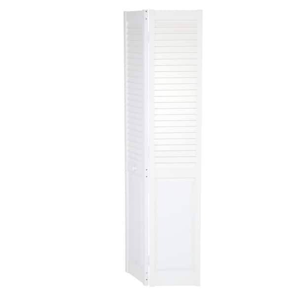 48 in. x 80 in. Seabrooke Louver Over Panel White Hollow Core PVC Vinyl Interior Bi-Fold Door