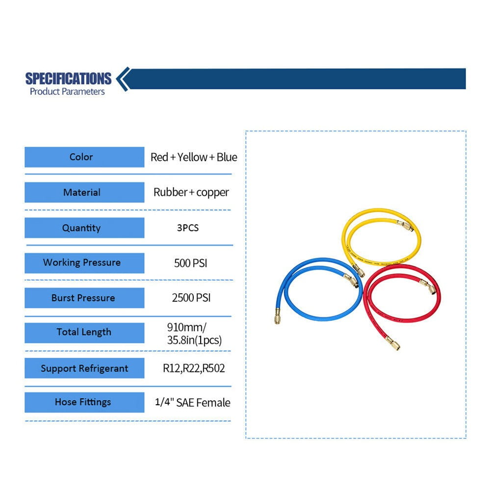 3 Pcs Manifold Gauge Set HVAC AC Refrigeration Hoses R12 R22 R502