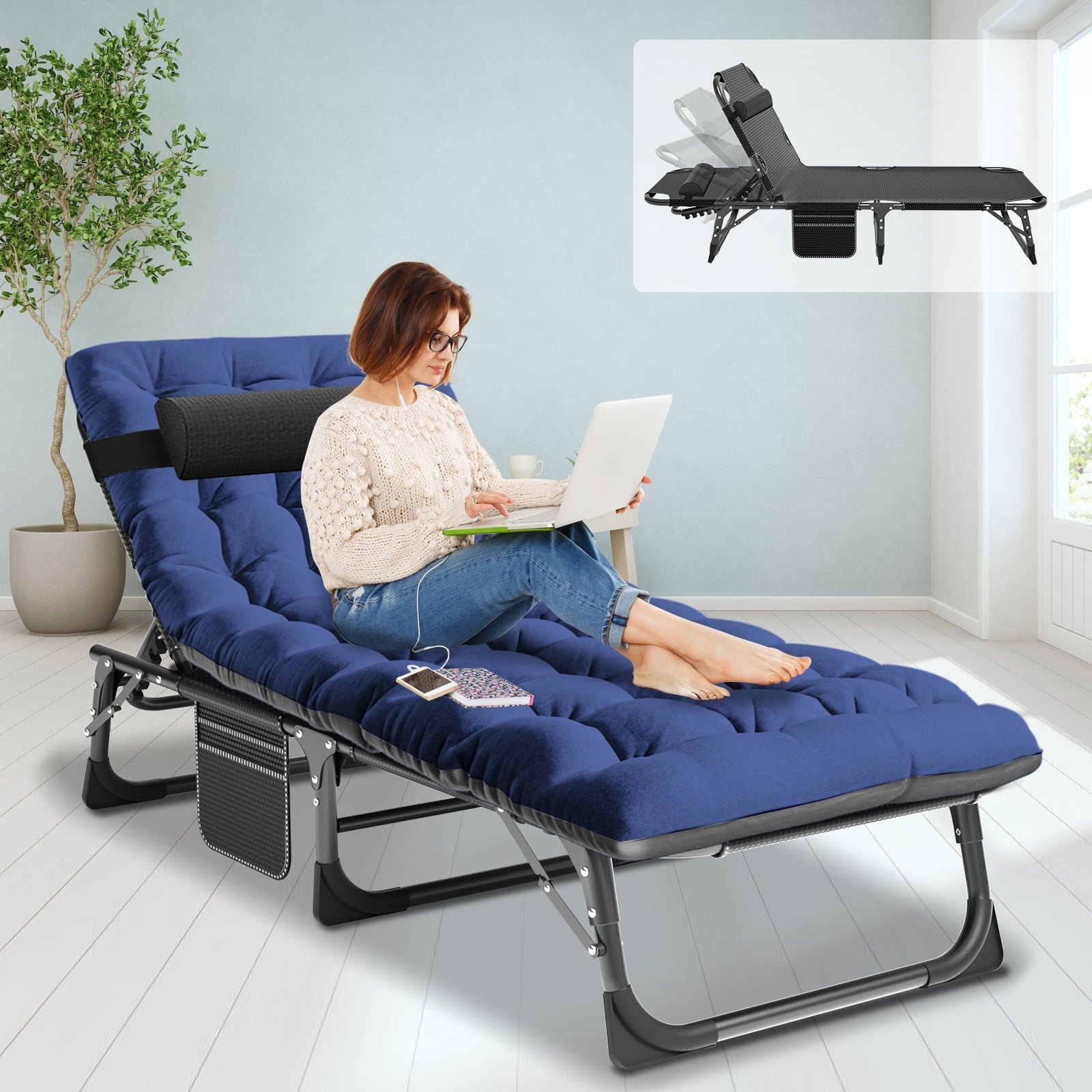 Slsy 4-Fold Folding Camping Cot with 2 Sided Mattress & Pillow, Adjustable 5-Position Folding Lounge Chair, Folding Sleeping Cots