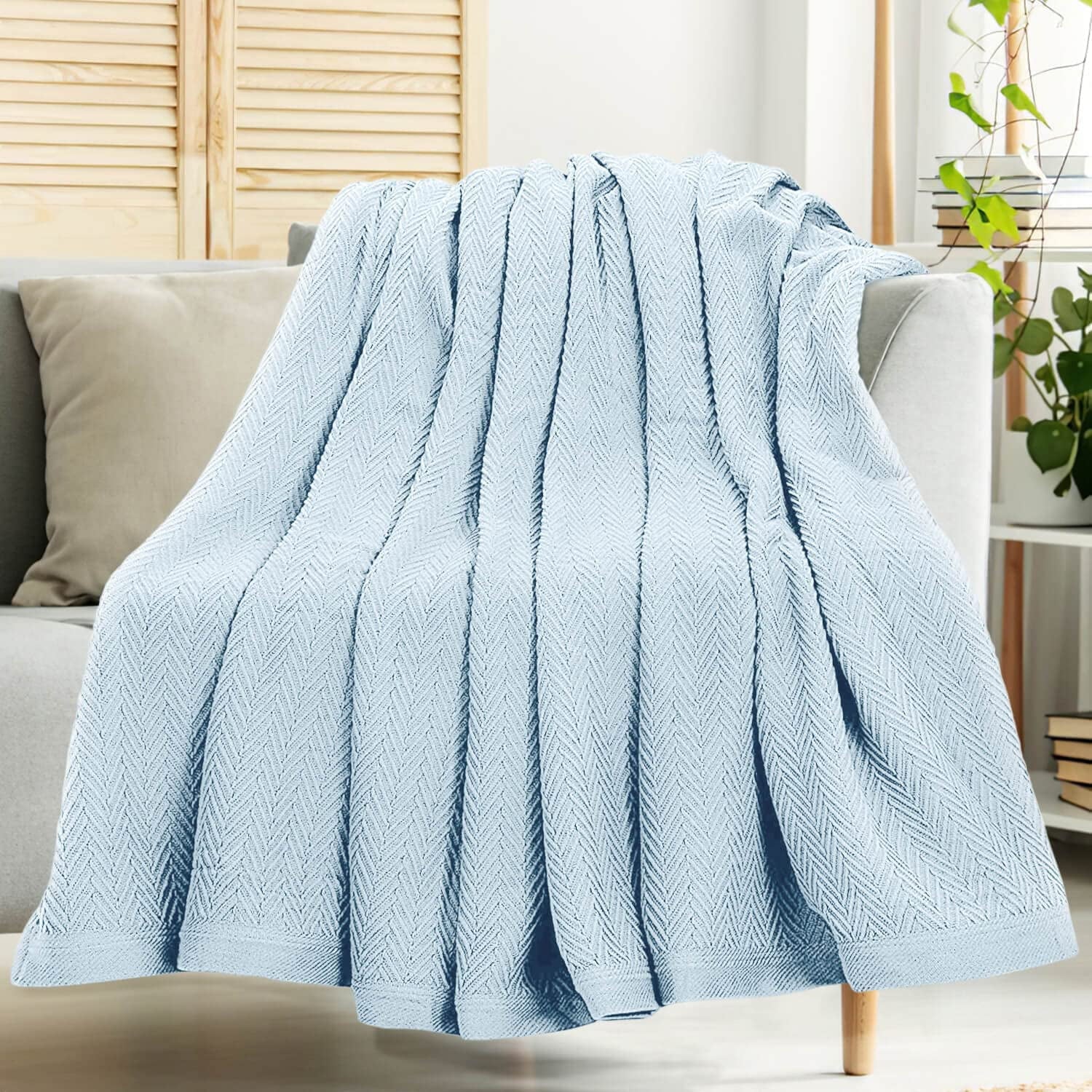 Luxury Thermal Cotton Blankets, King Size- Light Blue