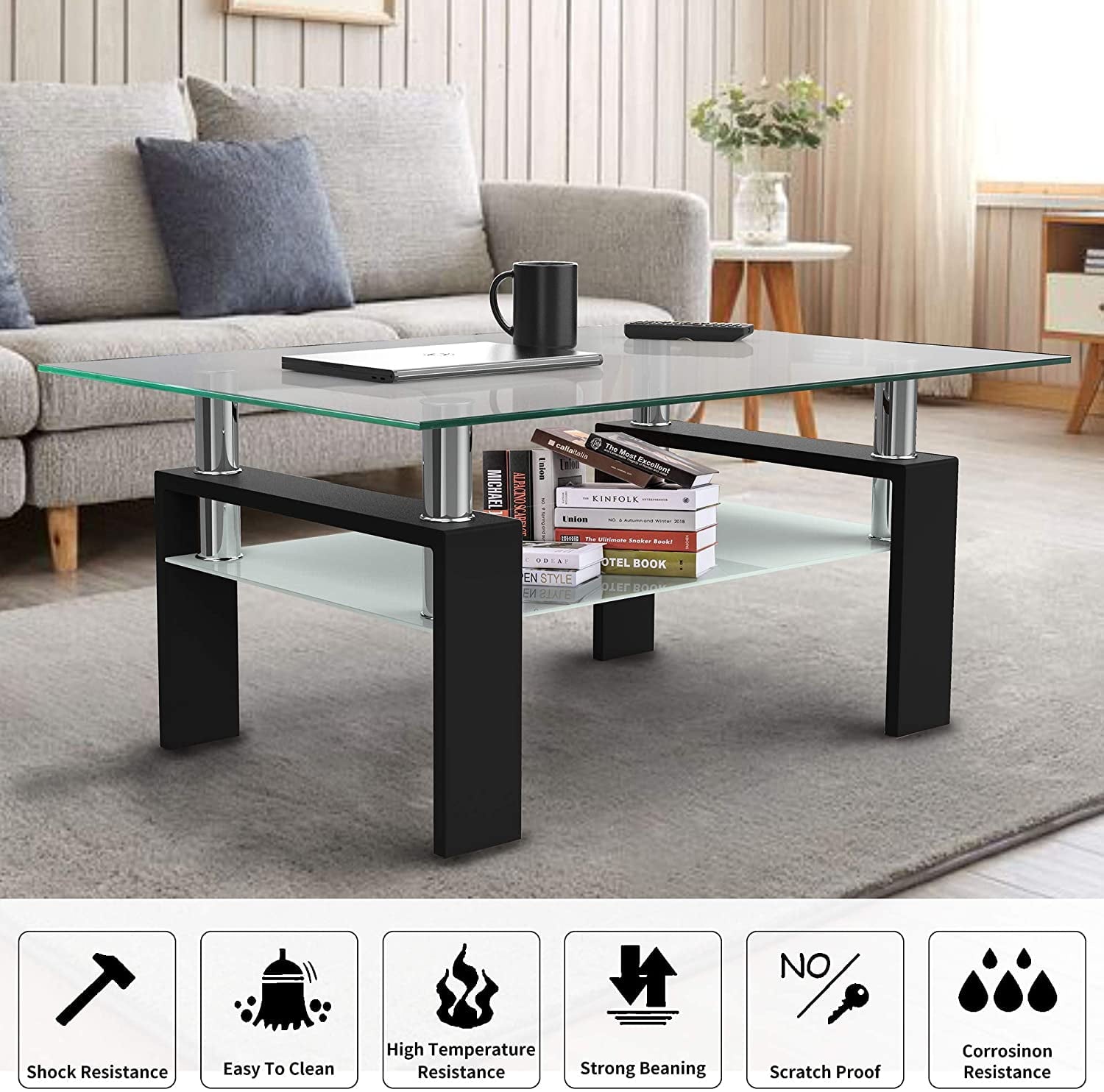 Glass Coffee Table with Lower Shelf, Clear Rectangle Glass Coffee Table, Modern Coffee Table with Metal Legs, Rectangle Center Table Sofa Table Home Furniture for Living Room, L5509