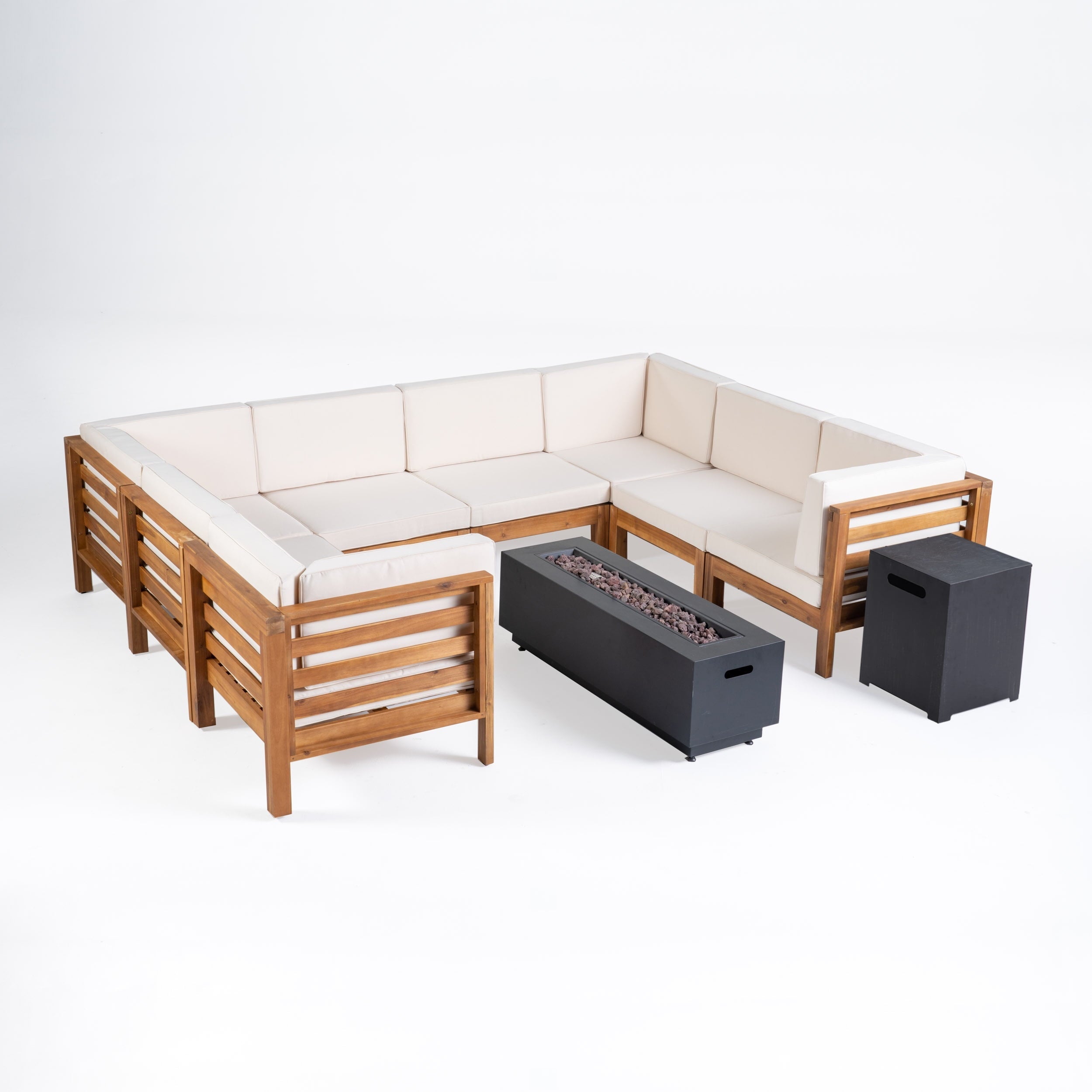 Leyla Outdoor 10 Piece Acacia Wood U-Shaped Sectional Sofa Set with Cushions and Iron Fire Pit, Teak, Beige, Dark Gray