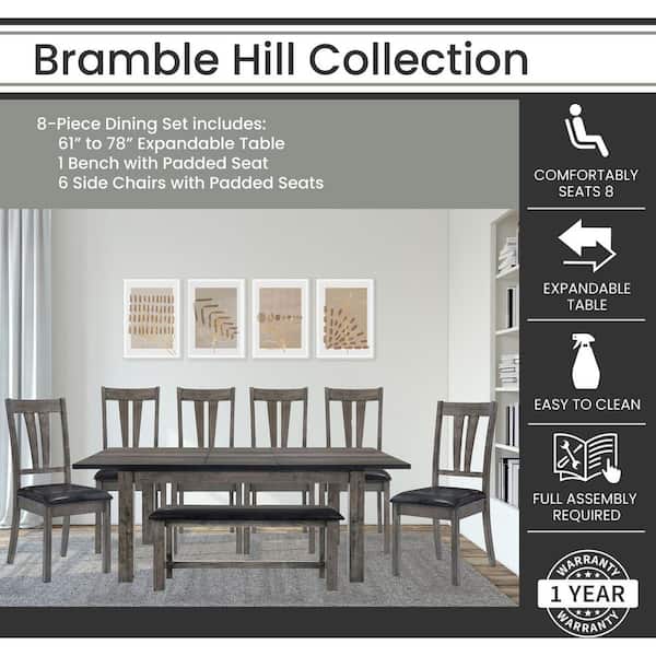 Bramble Hill 8-Piece Weathered Wood Gray Dining Set with Expandable Table 6-Faux-Leather Side Chairs and Bench