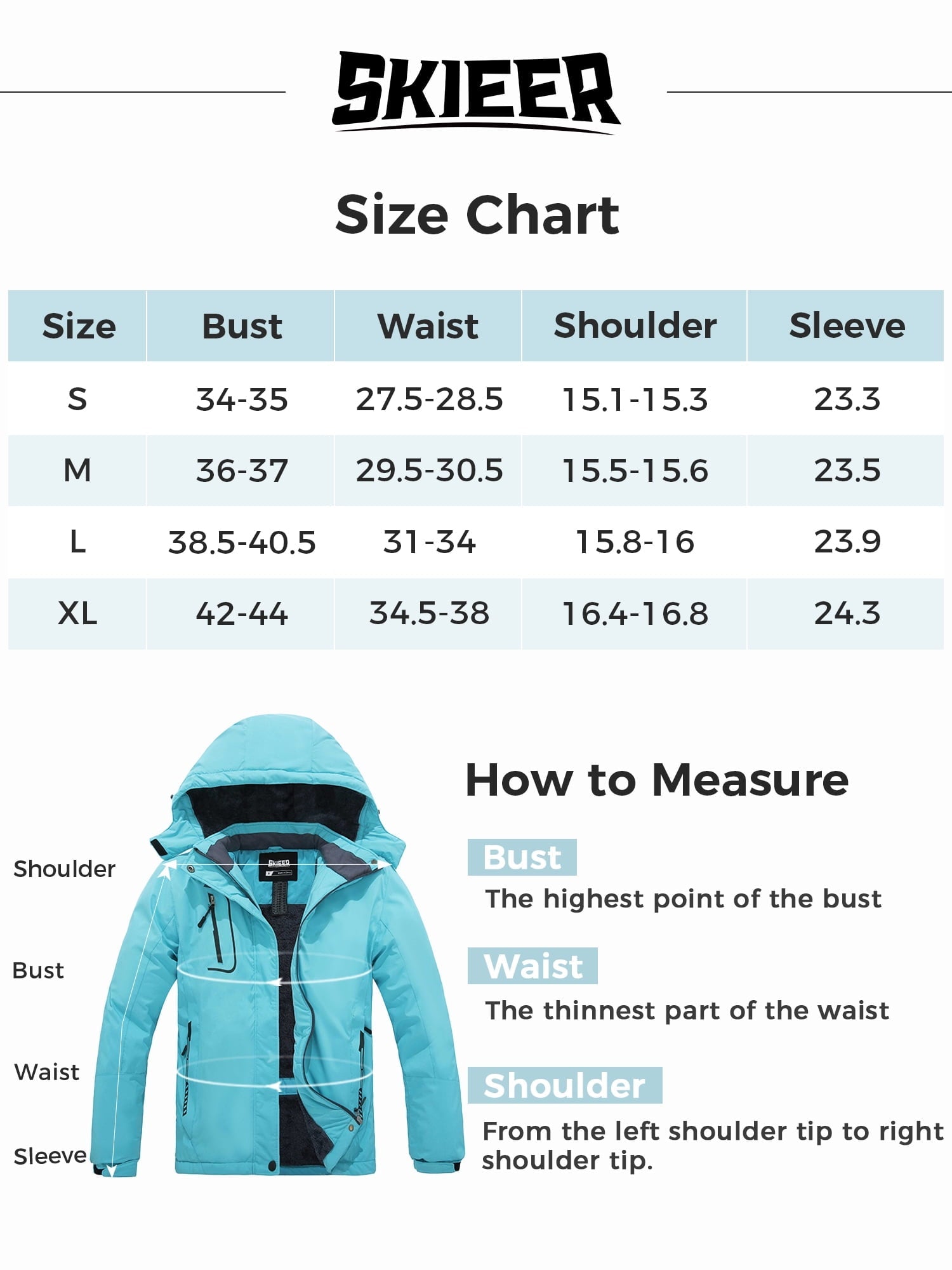 Skieer Women's Waterproof Ski Jacket Windproof Rain Jacket Winter Warm Hooded Coat Light Blue Small