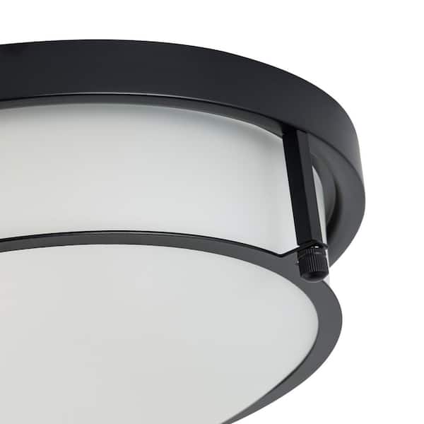 13 in. 2-Light Industrial Black Flush Mount Farmhouse Close to Ceiling Light Fixture with White Glass Shade