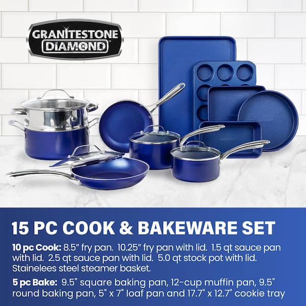 Classic Blue 15-Piece Aluminum Ultra-Durable Non-Stick Diamond Infused Cookware and Bakeware Set