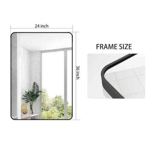 24 In W x 36 In H Rectangular Aluminum Alloy Framed Rounded Black Wall Mirror