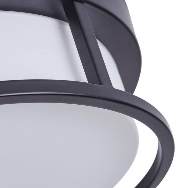 13 in. 2-Light Black Flush Mount Ceiling Light with Drum White Glass Shade