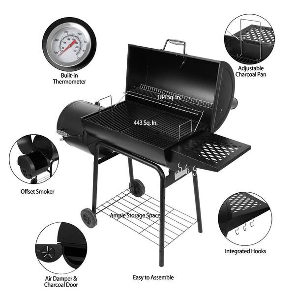 30 in. Smoker Black Barrel Charcoal Grill with Offset Smoker with Cover For Outdoor, Backyard Cooking