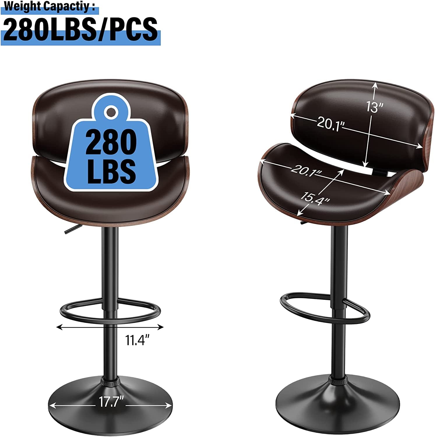 Aowos Bar Stools Adjustable Swivel Barstools Counter Stools with Back Sets of 2, Mid-Century Modern PU Leather Upholstered Counter Height Barstools, Kitchen Island Bar Chairs, Brown