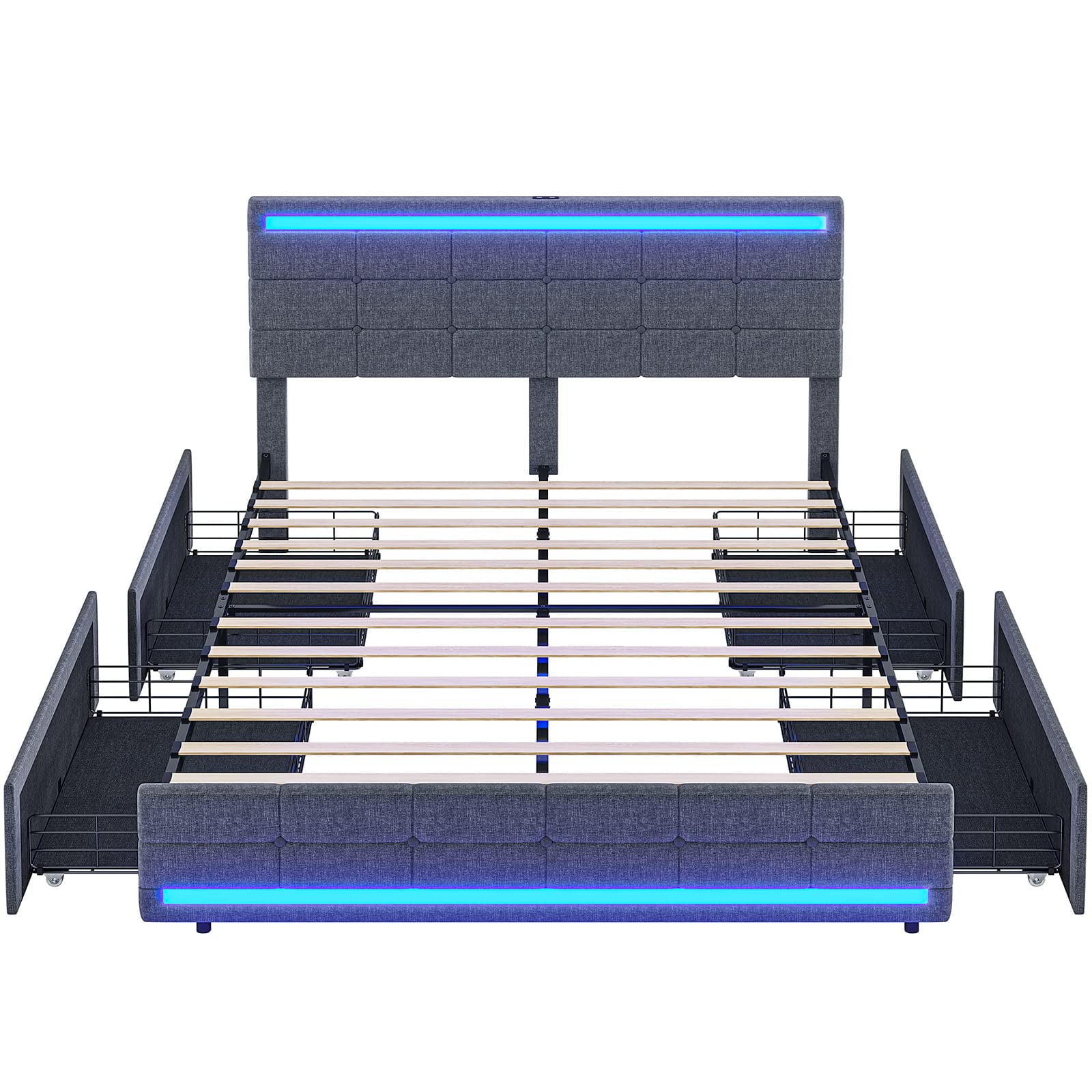 Full Size Bed Frame with 4 Storage Drawers, Platform Bed Frame with 2 USB Ports, Upholstered Bed with LED Headboard Footboard, Square Stitched Button Tufted Design, Dark Grey