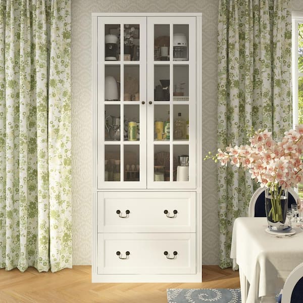 White Wooden 31.5 in. W Buffet Pantry Cabinet Kitchen Cabinet with Adjustable Shelves and Tempered Glass Doors, Drawers