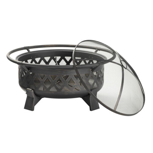 Round Lattice Wood Burning Fire Pit with Cover, Antique Bronze 35"