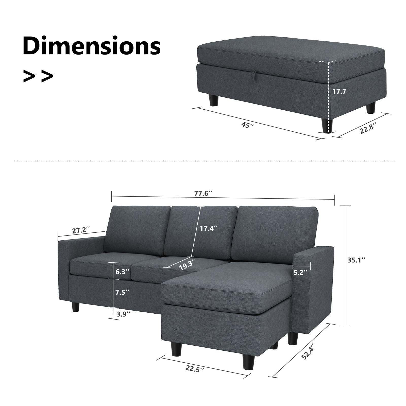 Honbay Dryades Sectional Sofas, Gray