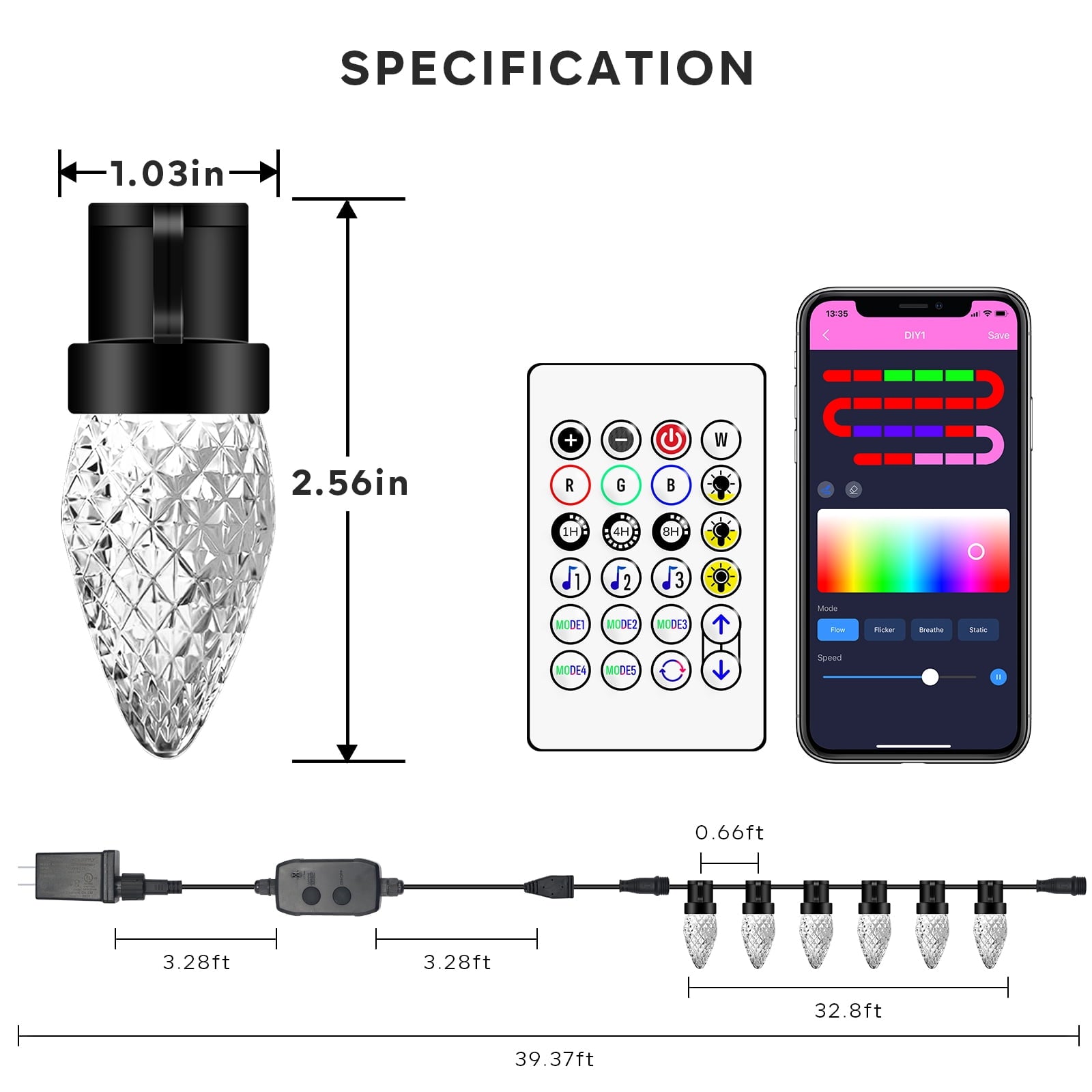 Christmas Smart String Lights 33Ft DIY Extendable 50 LED C9 Color Changing APP Remote Controlled Music Timer Waterproof Programmable Lights for Eaves Fence Xmas Tree Decoration