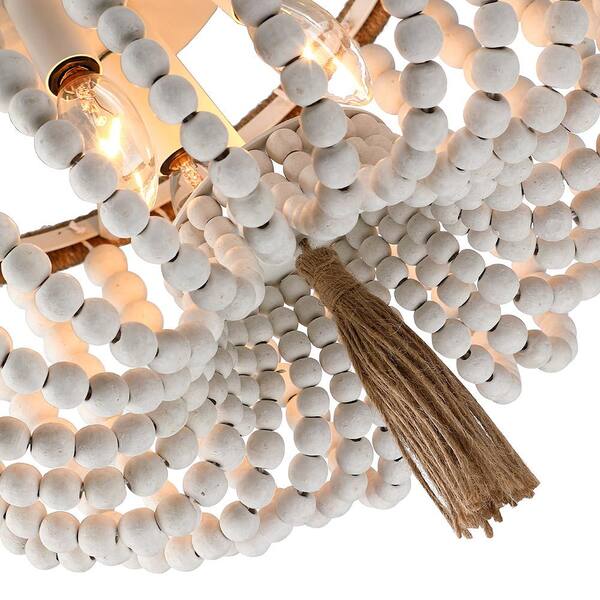 12.6 in. 3-Light Bohemia Antique White Wood Beaded Flush Mount Ceiling Light with Brown Rope Tassel