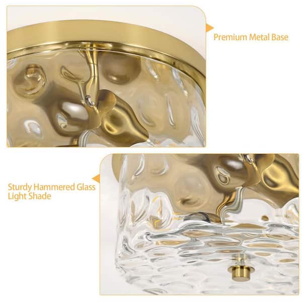 12 in. 2-Light Brass Gold Flush Mount Ceiling Light with Water Rippled Glass Shade