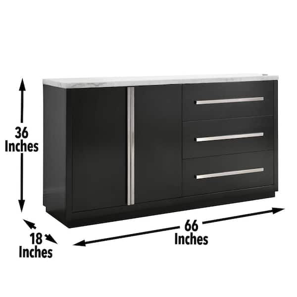 Camila Ebony and Marble 66 in. Sideboard with White Marble Top and Storage