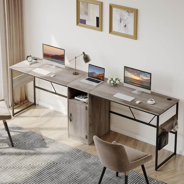 60 in. L shaped Wash Grey Wood Desk with Cabinet and Hooks