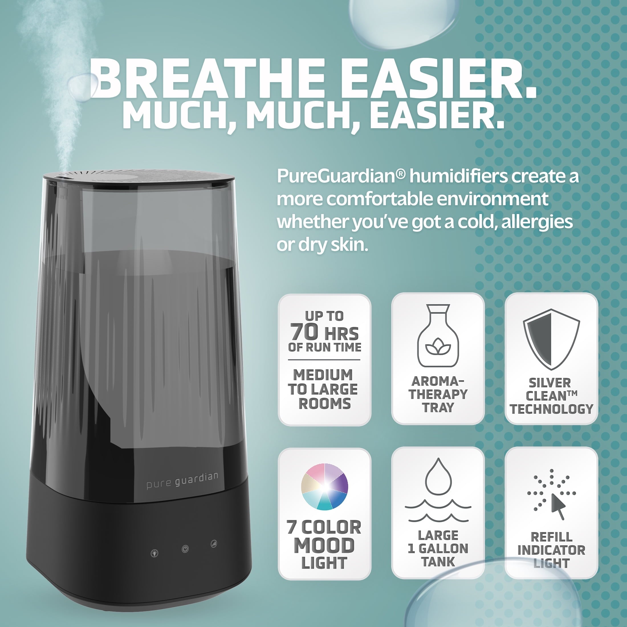 Pure Guardian 420 Sq. Ft, 1 Gallon Ultrasonic Cool Mist Humidifier with Aroma Tray, H980C