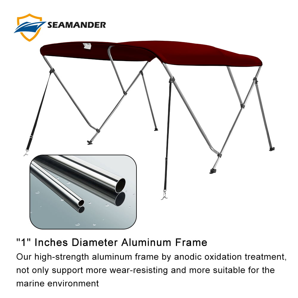 Seamander 3 Bow Bimini Top Boat Cover with Rear Support Pole and Storage Boot, Burgundy