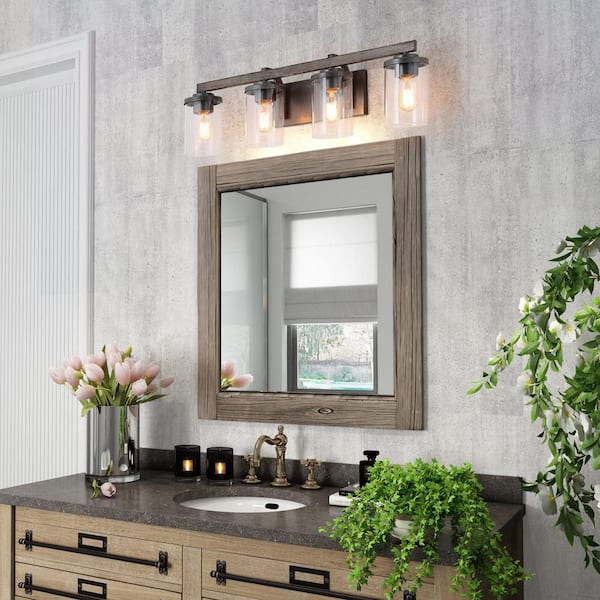 Birdwood 28 in. 4-Light Rust Gray Industrial Bathroom Vanity Light with Brushed Bronze Accents and Clear Glass Shades