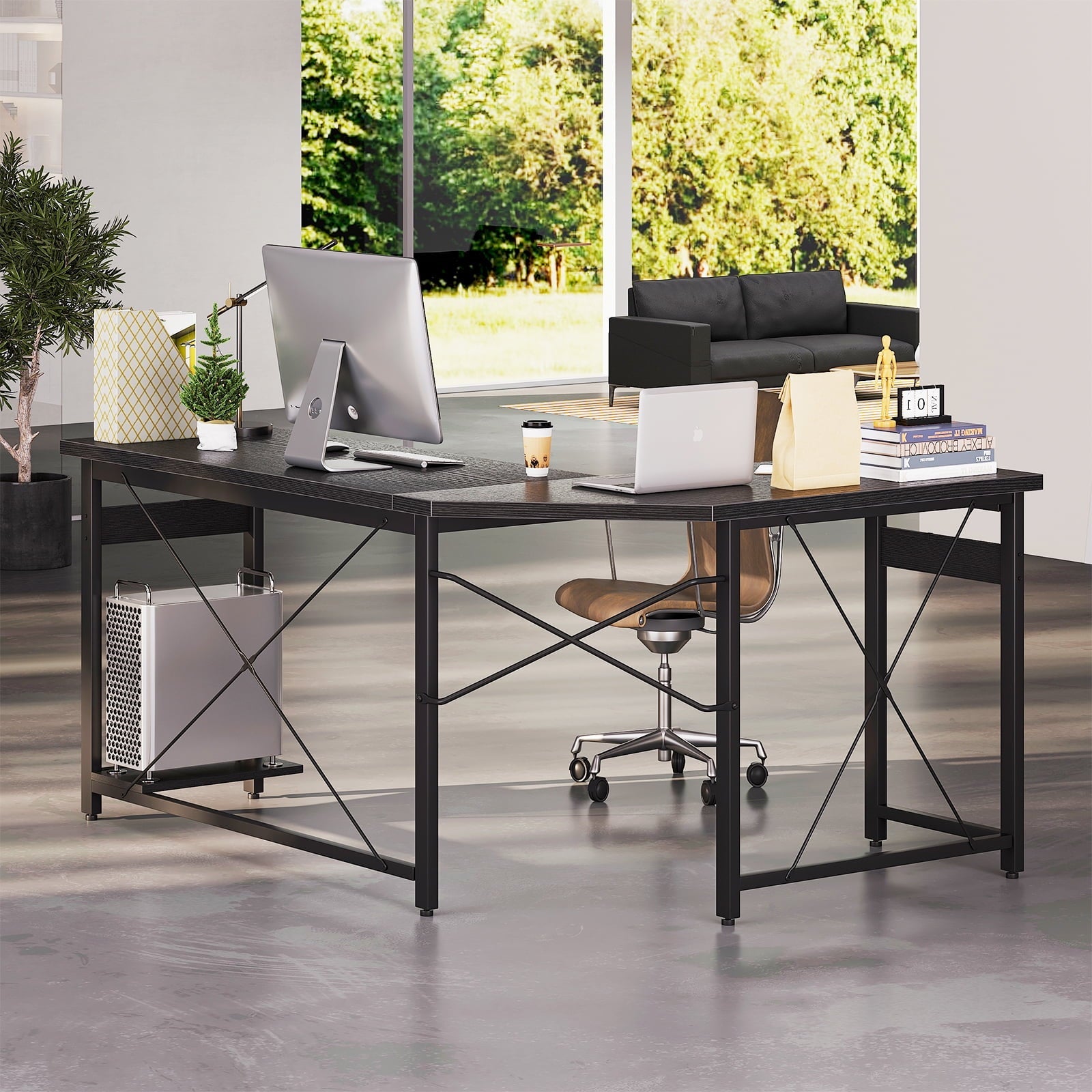 59 inch L-Shaped Large Computer Desk with PC Stand, Home Office Writing Desk, Black