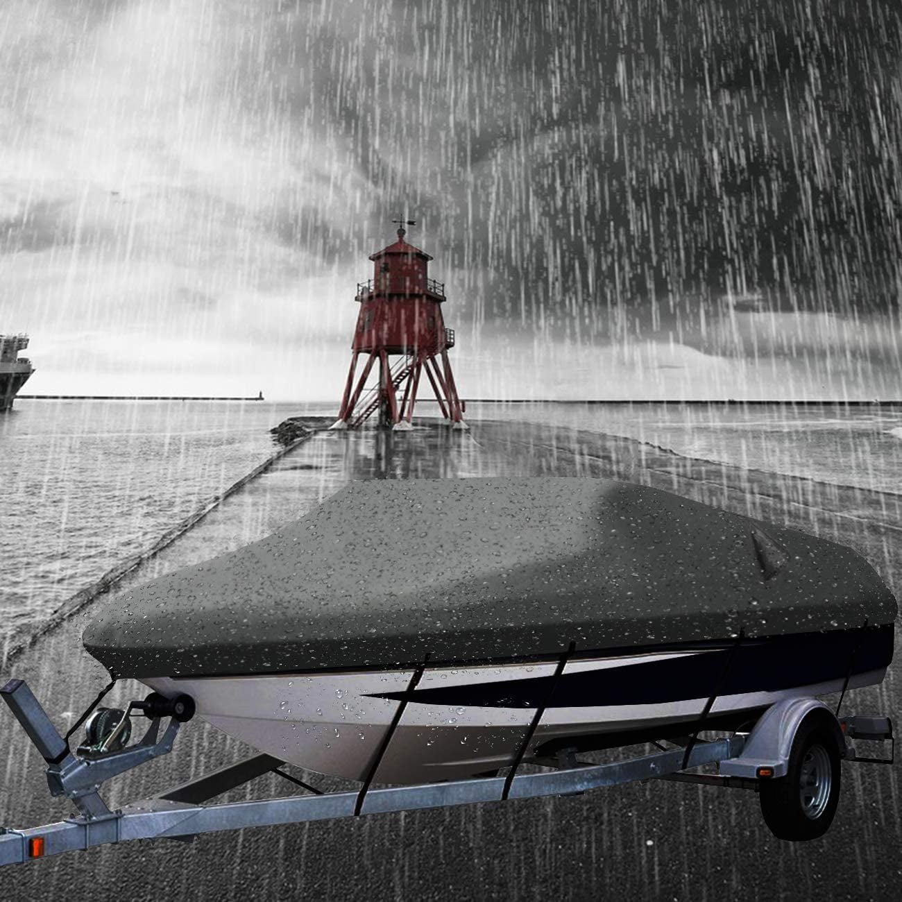 Bibana Heavy Duty Trailerable Waterproof Boat Cover with 2 Air Vent Marine Grade Polyester Boat Cover Fits V-Hull,Fishing Boat,Tri-Hull, Bass Boats,Pro-Style Cover (20-22ft, Grey)