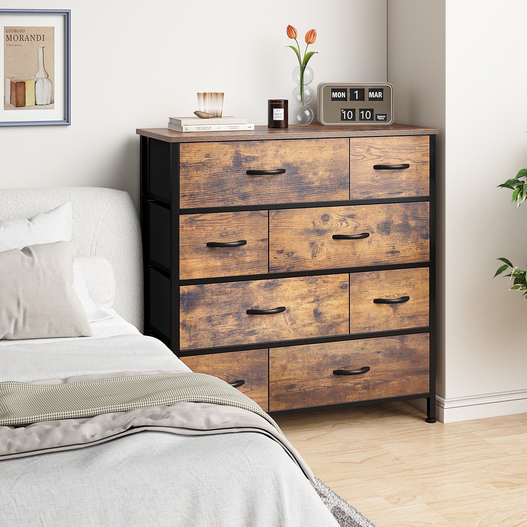 EnHomee Dresser with 8 Drawers, Fabric Dresser for Bedroom Modern Dresser with 8 Drawers Metal Frame, Wood Tabletop, Rustic Brown