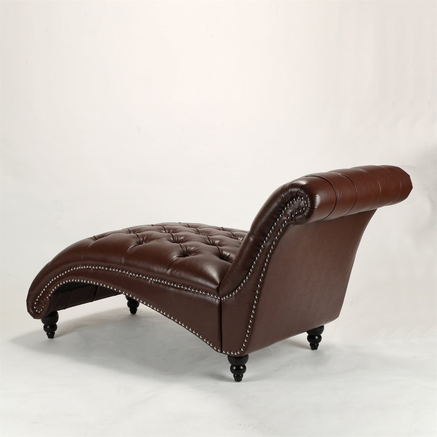 PU Leather Tufted Chaise Lounge Chair, Single Sofa Chaise Chair with Nailhead Trim and Turned Legs for Living Room Bedroom, Brown