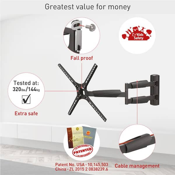 Barkan 13 in. to 65 in. Full Motion 4-Movement Extremely Extendable Extra Long Flat/Curved TV Wall Mount in Black