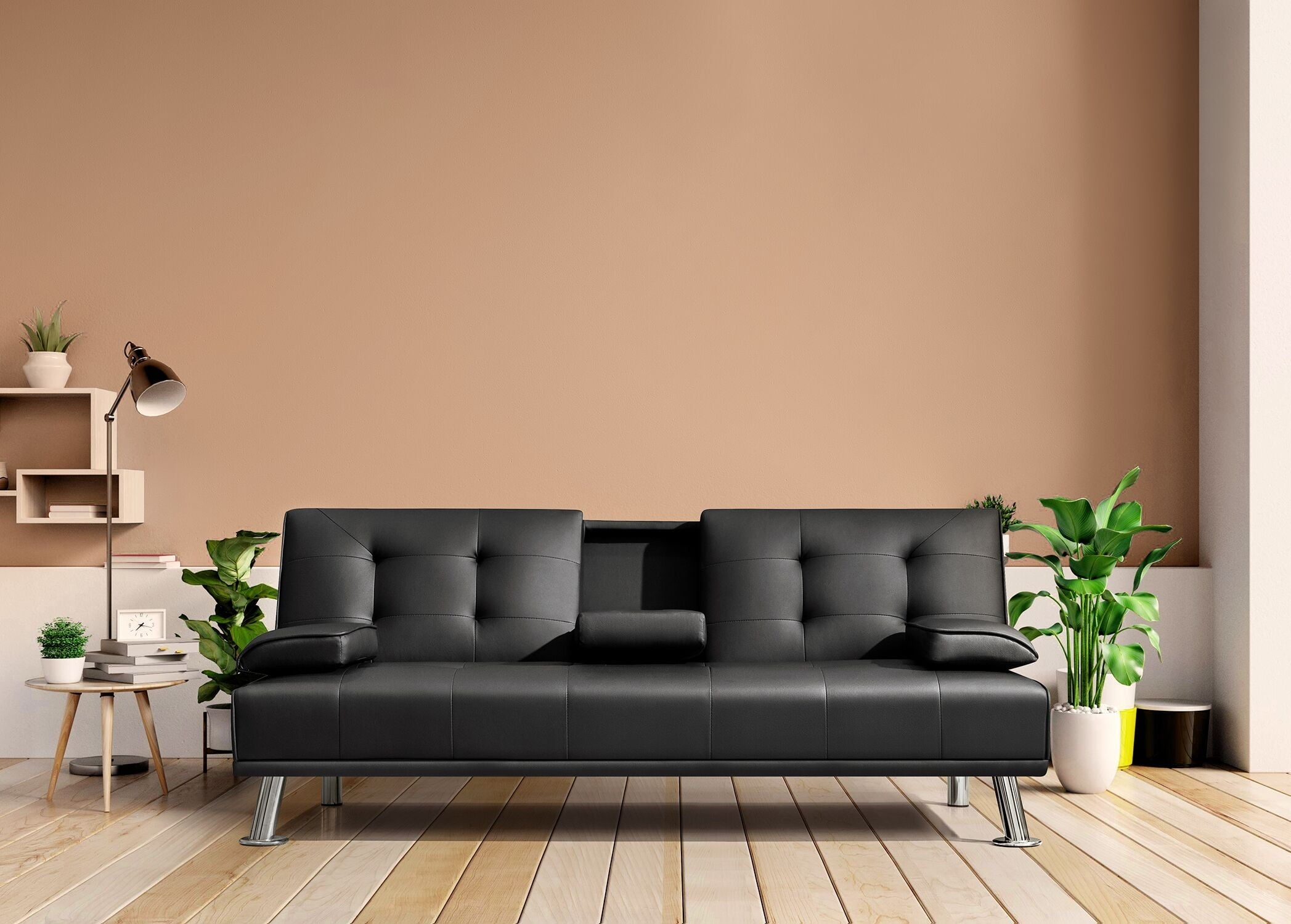 Lacoo Modern Faux Leather Convertible Futon with Cupholders & Pillows, 65