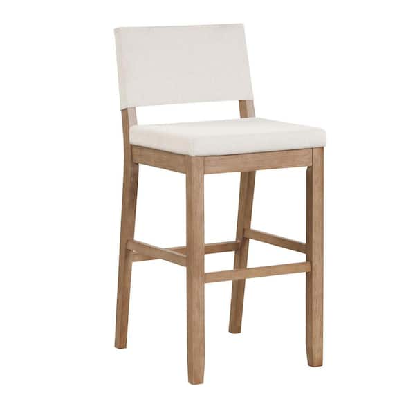 Linus 30 in. Modern Upholstered Bar Stool with Back and Solid Rubberwood Legs in a Wire-Brushed Brown Finish
