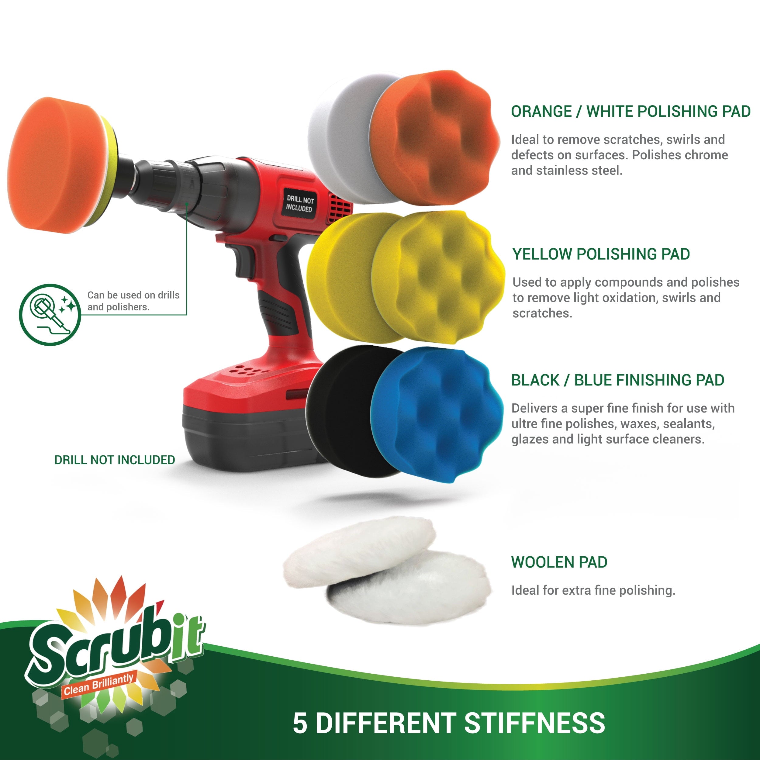 SCRUBIT Car Foam Drill Polishing Pad Kit 22 Pack, Includes 16 Detailing Sponges (3 in.), 2 Wool Buffer Pads, 2 Drill Adapters and Suction Cups for Your Vehicle