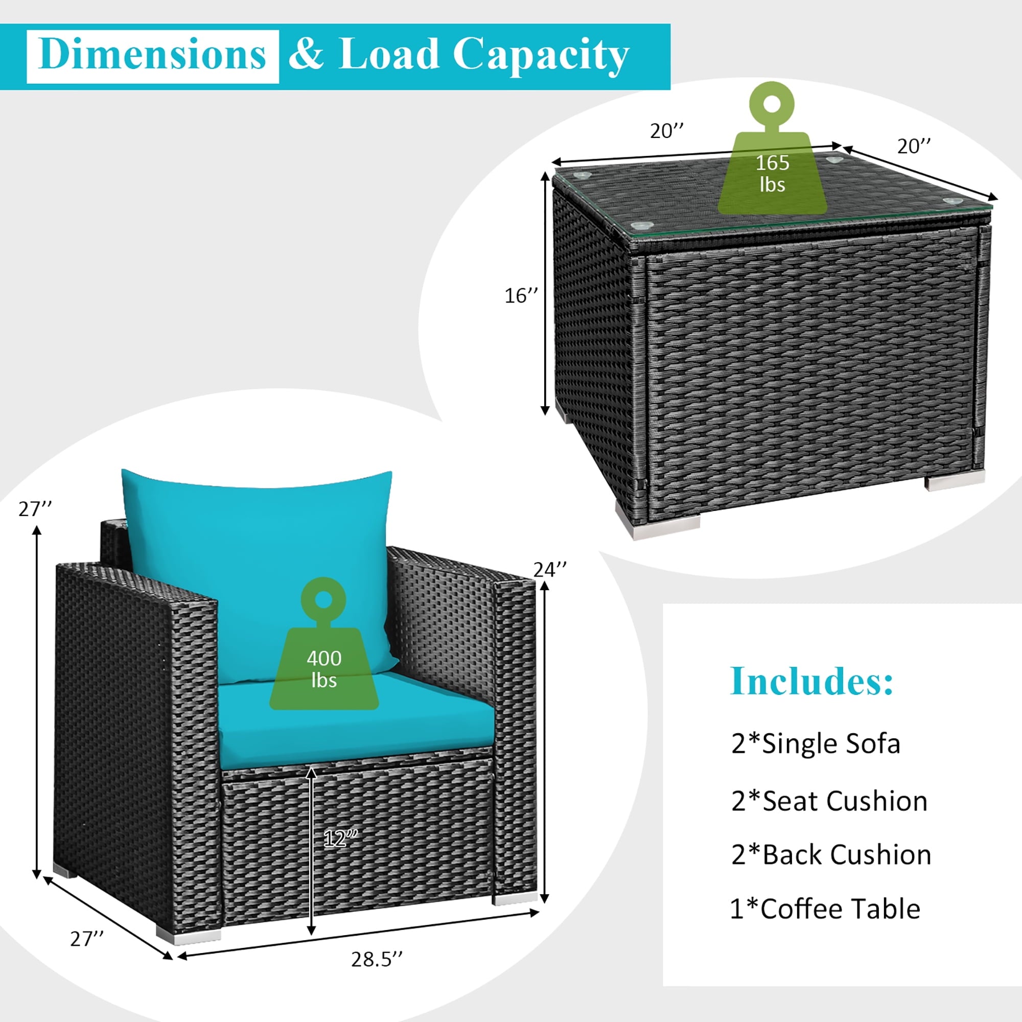 Costway 3PCS Patio Rattan Wicker Furniture Set Sofa Table W/Cushion Turquoise