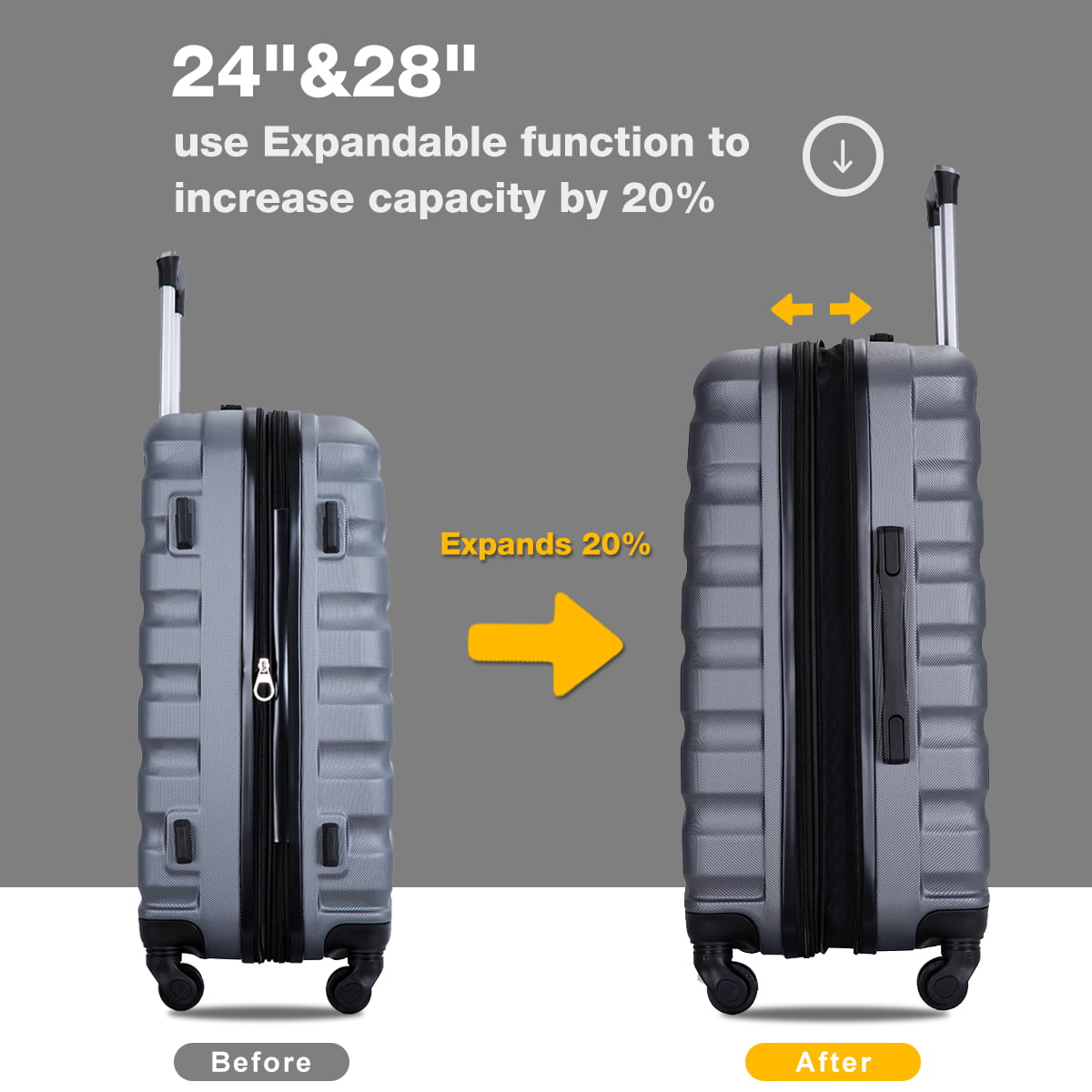 Travelhouse 3 Piece Luggage Set Expandable Hardshell Lightweight Suitcase with TSA Lock Spinner Wheels 20in24in28in.(Gray)