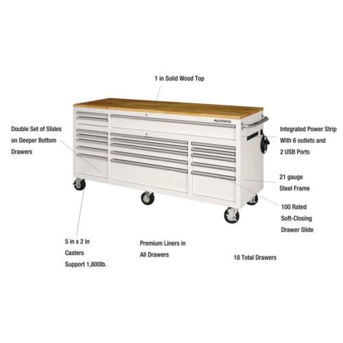 Husky Mobile Workbench 72" x 24" 18-Drawer Tool Chest w/ Wood Top Gloss White