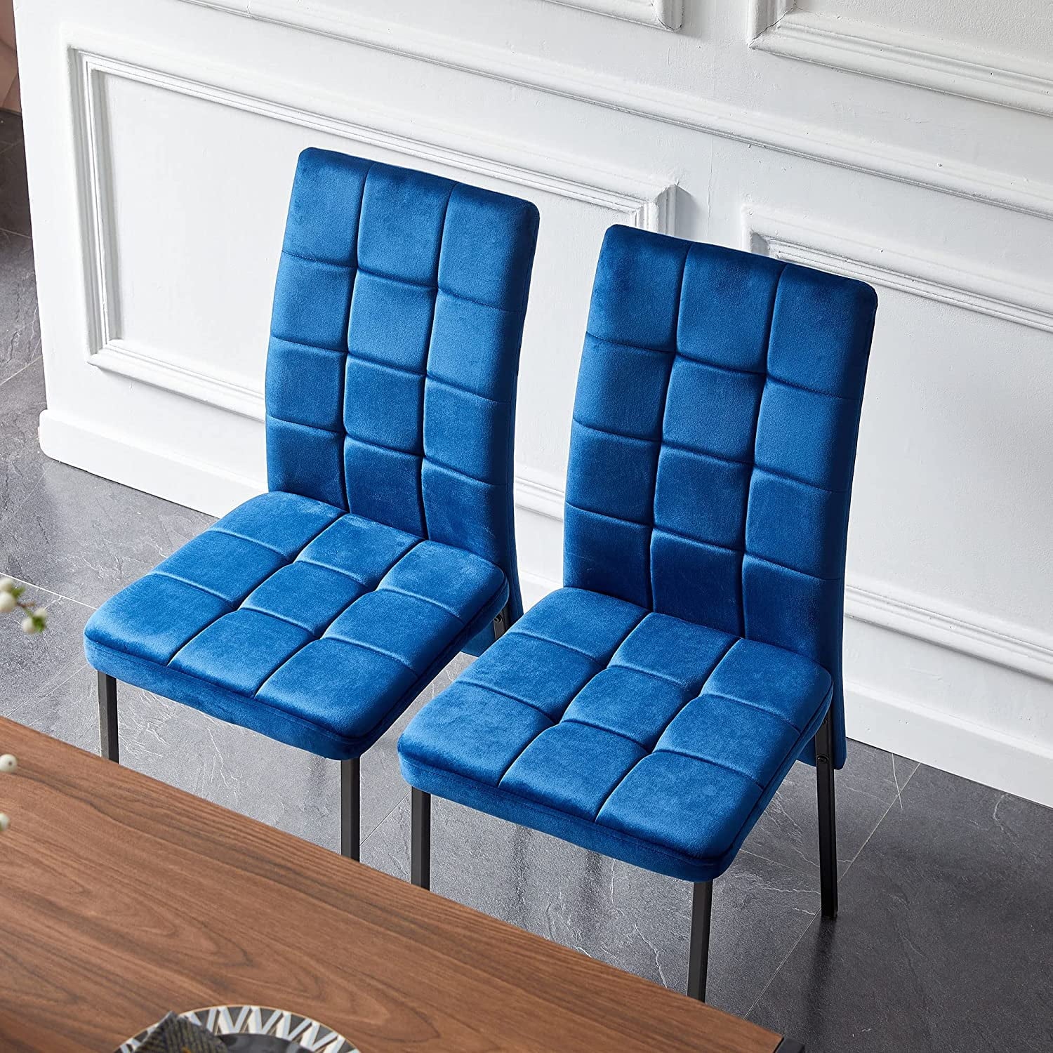 NORDICANA Dining Table Set for 4,Modern Rectangle Walnut Faux Wood Grain Kitchen Table & 4 High Back Grey Velvet Upholstery Side Chair, Metal Black Legs