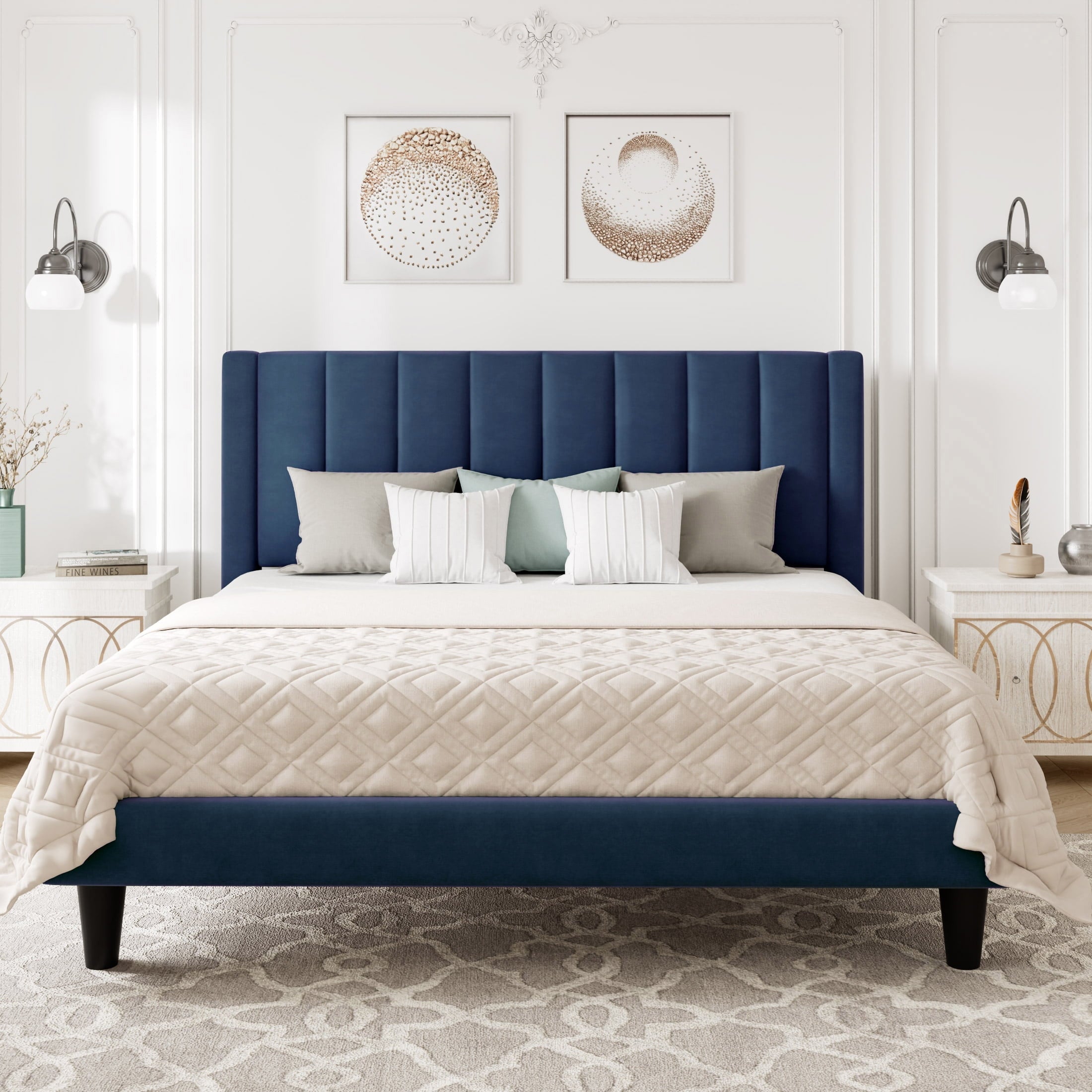 Allewie Full Size Velvet Upholstered Bed Frame with Vertical Channel Tufted Headboard, Navy Blue