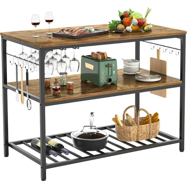 Homieasy Kitchen Island with Wine Glass Holder, Industrial Wood and Metal Coffee Bar Rack, 3 Tier Spacious Prep Table Extended Counter with Hooks Easy to Assemble, Gray Oak