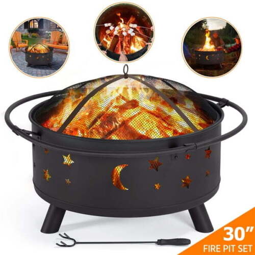 Iron Fire Pit Set Heating Equipment Camping Fire Bowl with Poker Mesh Cover BBQ