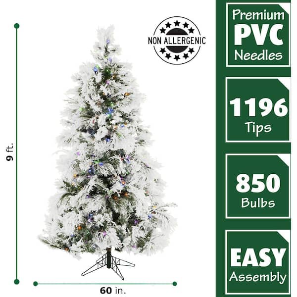 9 ft. Pre-lit LED Flocked Snowy Pine Artificial Christmas Tree with 850 Multi-Color String Lights