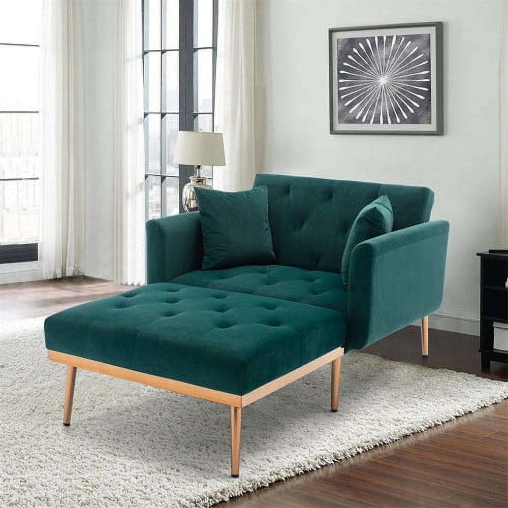 Velvet 2 in 1 Chaise Lounge Indoor Sleeper Chair, Convertible Chairs into Beds with 2 Pillows, Comfy Tufted Sleeper Chair for Bedroom, Living Room, Green