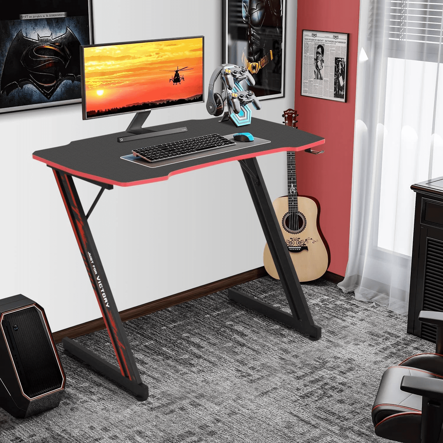 Dkelincs 39.4 inch Gaming Desk Z Shaped Computer Desk Adjustable feet PC Computer Game Table with Carbon Fiber Surface, Cup Holder & Headphone Hook, Red