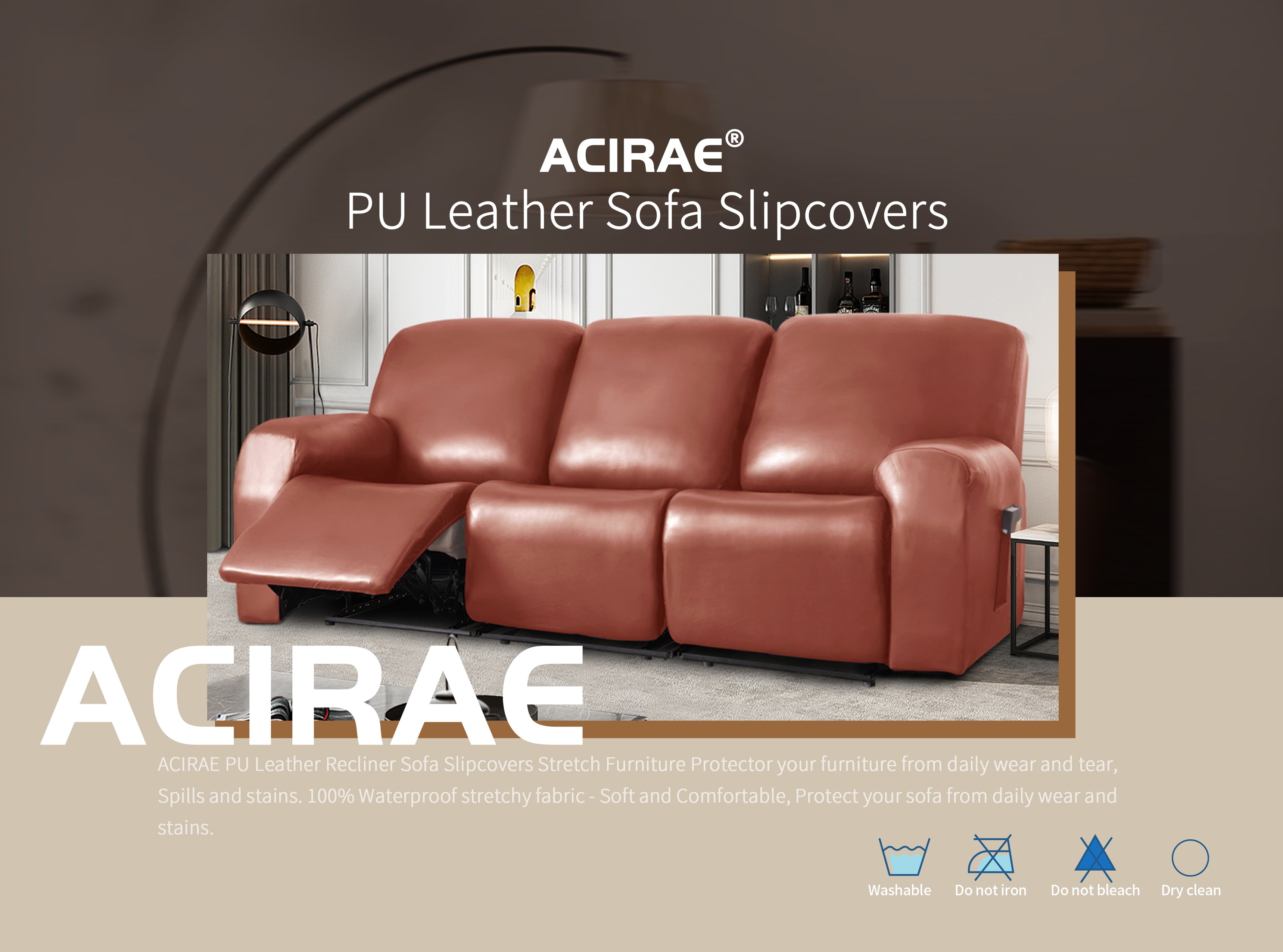 PU Leather Recliner Chair Cover 4-Pieces Waterproof Stretch Reclining Armchair Couch Slipcover Furniture Protector with Pockets, 1 Seater/White