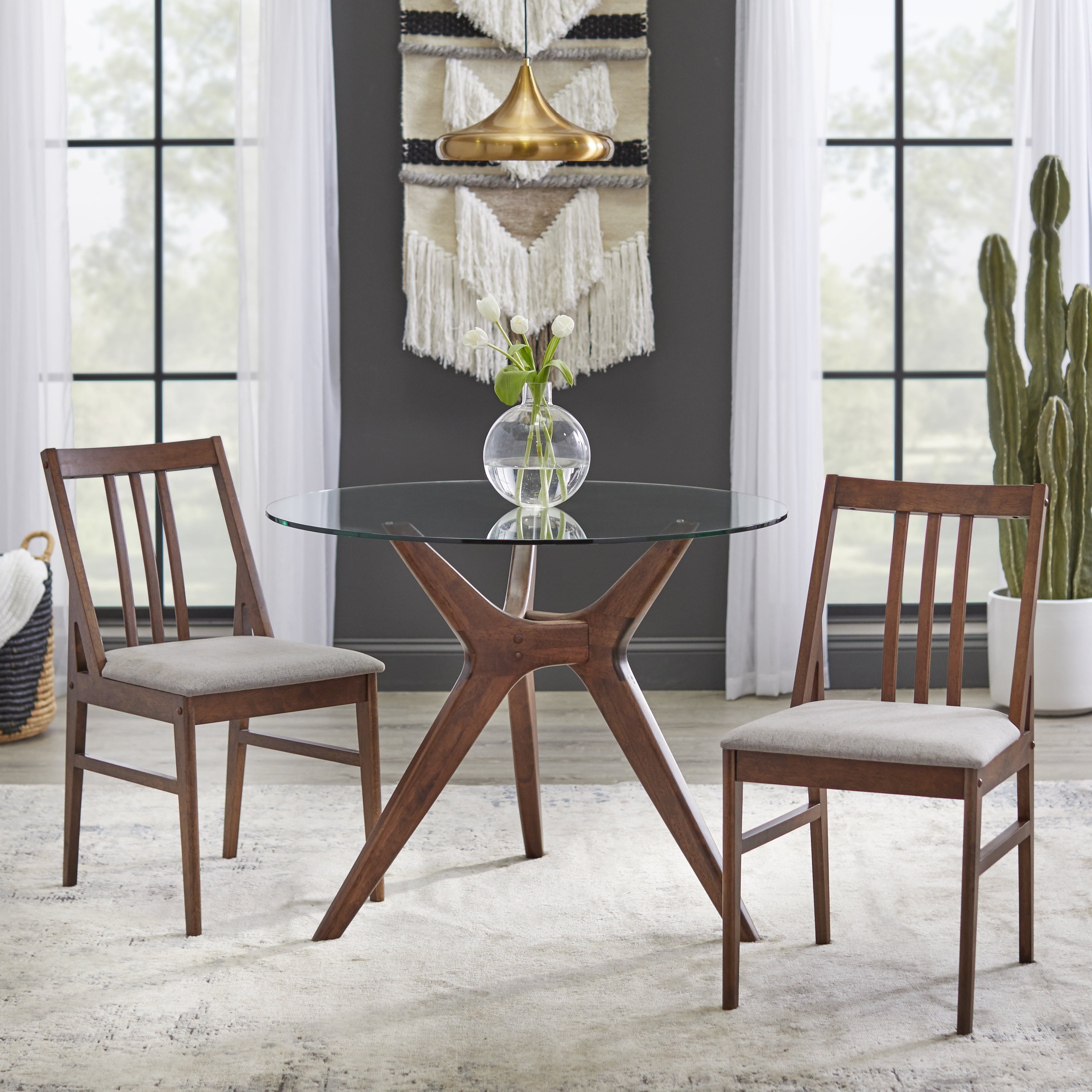 TMS Trita Round Dining Table, Walnut and Tempered Glass Top