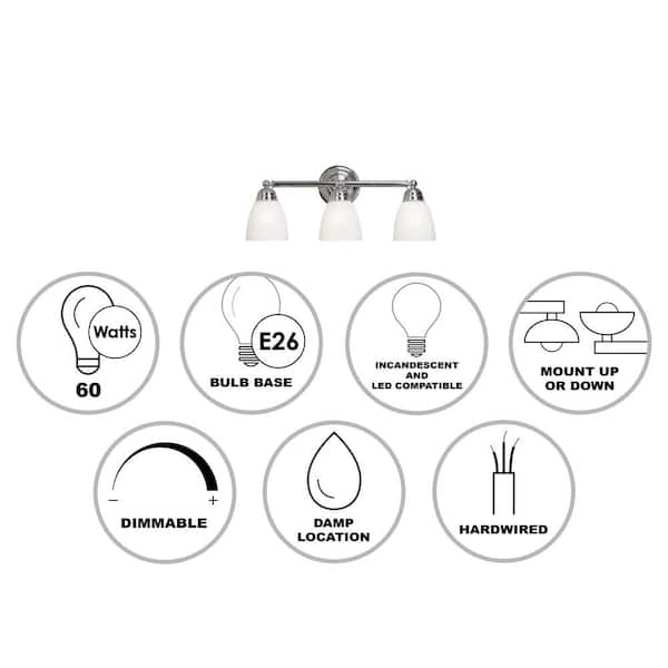 Ardmore 22.25 in. 3-Light Polished Chrome Bathroom Vanity Light Fixture with Frosted Glass Shades